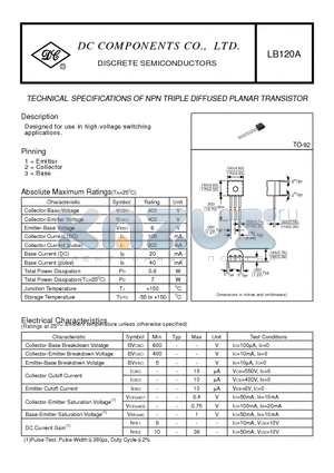 LB120A datasheet - TECHNICAL SPECIFICATIONS OF NPN TRIPLE DIFFUSED PLANAR TRANSISTOR