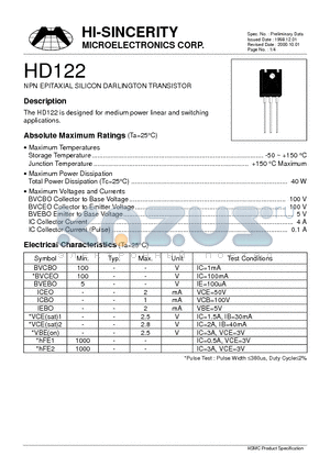 HD122 datasheet - NPN EPITAXIAL SILION DARLINGTON TRANSISTOR