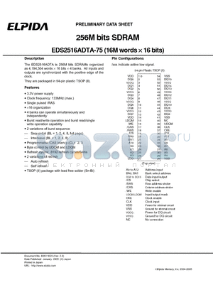 EDS2516ADTA-75 datasheet - 256M bits SDRAM (16M words x 16 bits)