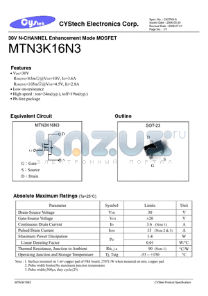 MTN3K16N3 datasheet - 30V N-CHANNEL Enhancement Mode MOSFET