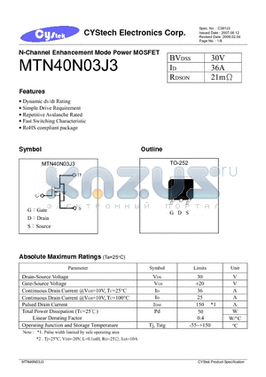 MTN40N03J3 datasheet - N-Channel Enhancement Mode Power MOSFET