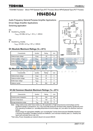 HN4B04J datasheet - Audio Frequency General Purpose Amplifier Applications Driver Stage Amplifier Applications Switching application