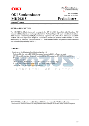 MK70215 datasheet - Bluetooth module operates in the 2.4 GHz ISM band.