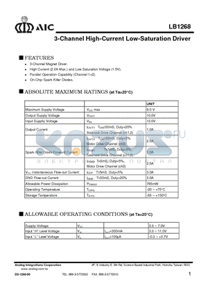 LB1268 datasheet - 3-Channel High-Current Low-Saturation Driver