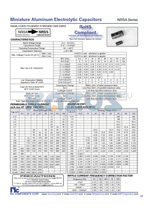 NRSA datasheet - Miniature Aluminum Electrolytic Capacitors