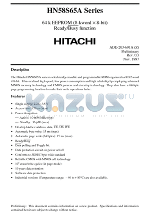 HN58S65A datasheet - 64 k EEPROM (8-kword x 8-bit) Ready/Busy function