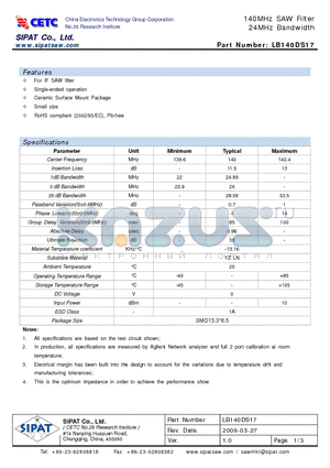 LB140DS17 datasheet - 140MHz SAW Filter 24MHz Bandwidth