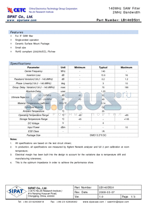 LB140DS31 datasheet - 140MHz SAW Filter 2MHz Bandwidth