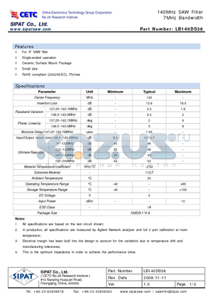 LB140DS38 datasheet - 140MHz SAW Filter 7MHz Bandwidth