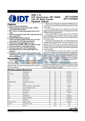 IDT71V3548S133PFI datasheet - 256K x 18 3.3V Synchronous ZBT SRAM 3.3V I/O, Burst Counter Pipelined Outputs