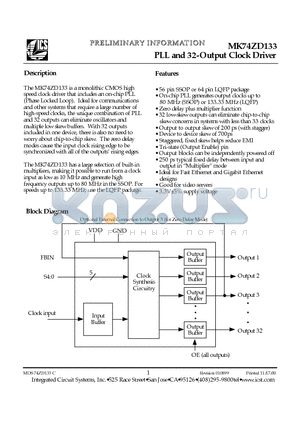 MK74ZD133F datasheet - PLL and 32-Output Clock Driver