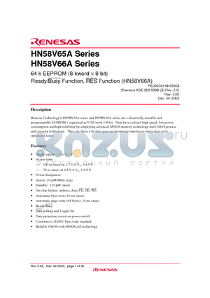 HN58V65AT-10E datasheet - 64 k EEPROM (8-kword  8-bit) Ready/Busy Function, RES Function (HN58V66A)