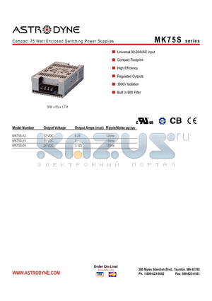 MK75S-12 datasheet - Compact 75 Watt Enclosed Switching Power Supplies