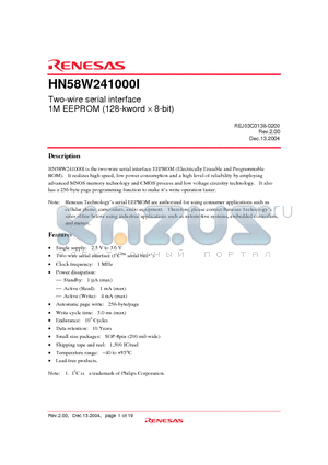 HN58W241000I datasheet - Two-wire serial interface 1M EEPROM (128-kword x 8-bit)