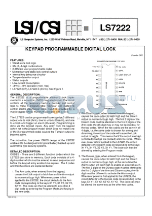 LS7222 datasheet - KEYPAD PROGRAMMABLE DIGITAL LOCK