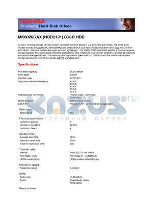 MK8026GAX datasheet - (HDD2191) 80GB HDD