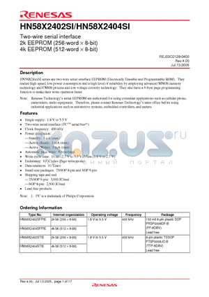 HN58X2402SFPIE datasheet - Two-wire serial interface 2k EEPROM (256-word  8-bit) 4k EEPROM (512-word  8-bit)