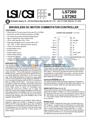 LS7260 datasheet - BRUSHLESS DC MOTOR COMMUTATOR/CONTROLLER