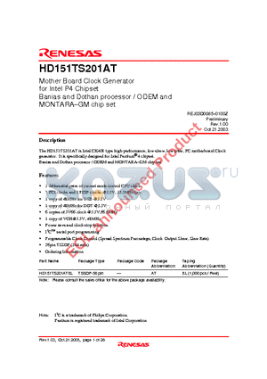 HD151TS201ATEL datasheet - Mother Board Clock Generator for Intel P4 Chipset Banias and Dothan processor / ODEM and MONTARA-GM chip set