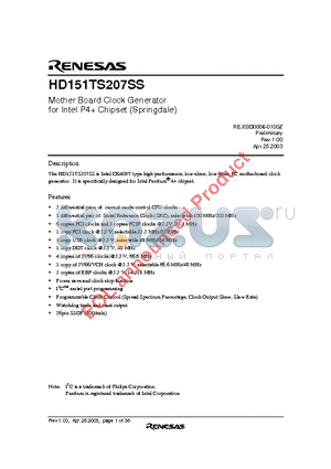 HD151TS207SS datasheet - Mother Board Clock Generator for Intel P4 Chipset (Springdale)