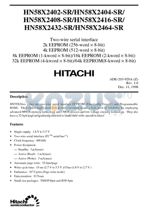 HN58X2404-SR datasheet - Two-wire serial interface 2k / 4k / 8k / 16k / 32k / 64k EEPROM