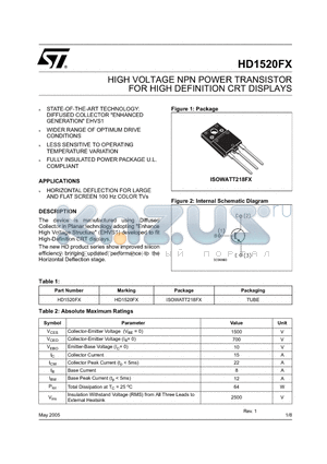 HD1520FX datasheet - HIGH VOLTAGE NPN POWER TRANSISTOR FOR HIGH DEFINITION CRT DISPLAYS