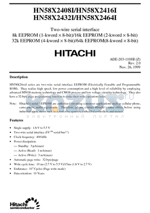 HN58X2416FPI datasheet - Two-wire serial interface 8k EEPROM (1-kword x 8-bit)/16k EEPROM (2-kword x 8-bit)/32k EEPROM (4-kword x 8-bit)/64k EEPROM(8-kword x 8-bit)