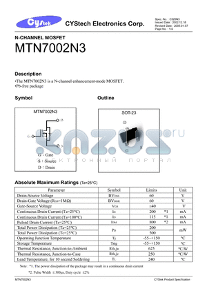 MTN7002N3 datasheet - N-CHANNEL MOSFET