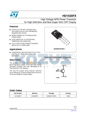 HD1530FX datasheet - High Voltage NPN Power Transistor for High Definition and New Super-Slim CRT Display