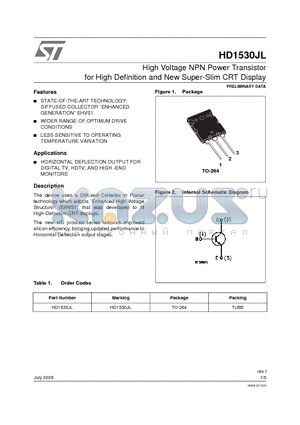 HD1530JL datasheet - High Voltage NPN Power Transistor for High Definition and New Super-Slim CRT Display