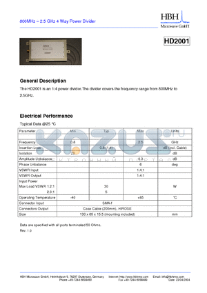 HD2001 datasheet - 800MHz - 2.5 GHz 4 Way Power Divider