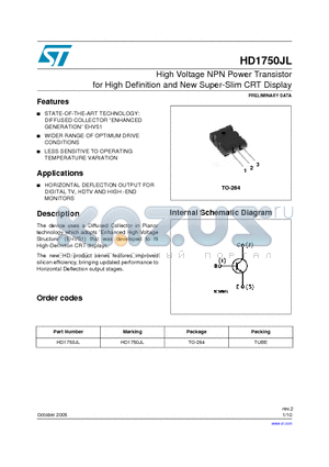 HD1750JL datasheet - High Voltage NPN Power Transistor for High Definition and New Super-Slim CRT Display