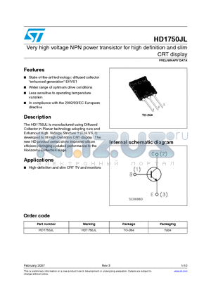 HD1750JL datasheet - Very high voltage NPN power transistor for high definition and slim CRT display