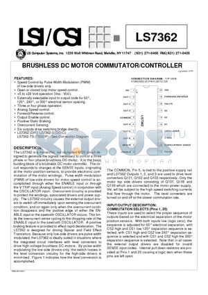 LS7362 datasheet - BRUSHLESS DC MOTOR COMMUTATOR/CONTROLLER