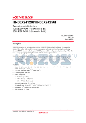 HN58X24256I datasheet - Two-wire serial interface 128k EEPROM (16-kword  8-bit) 256k EEPROM (32-kword  8-bit)