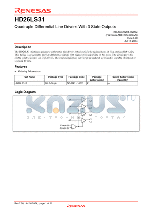 HD26LS31 datasheet - Quadruple Differential Line Drivers With 3 State Outputs