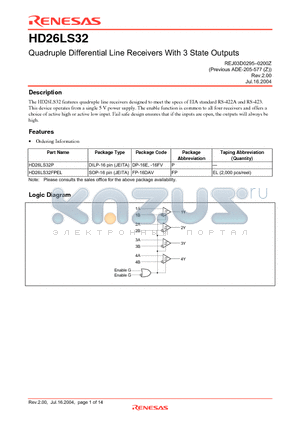 HD26LS32FPEL datasheet - Quadruple Differential Line Receivers With 3 State Outputs