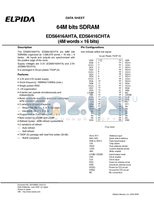 EDS6416AHTA datasheet - 64M bits SDRAM (4M words x 16 bits)