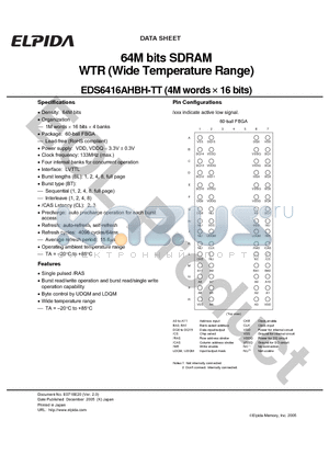 EDS6416AHBH-75TT-E datasheet - 64M bits SDRAM WTR (Wide Temperature Range)