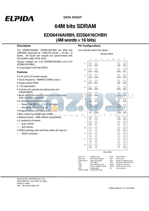 EDS6416CHBH datasheet - 64M bits SDRAM (4M words x 16 bits)