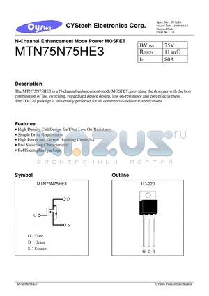 MTN75N75HE3 datasheet - N-Channel Enhancement Mode Power MOSFET