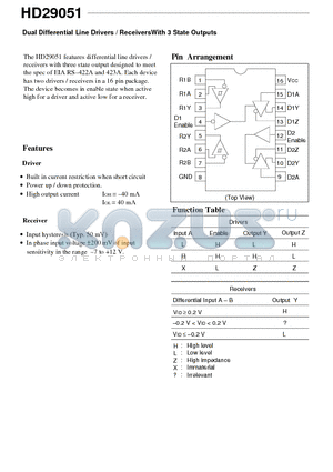 HD29051 datasheet - Dual Differential Line Drivers / ReceiversWith 3 State Outputs