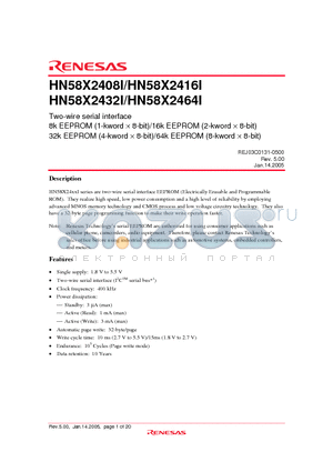 HN58X2464TIE datasheet - Two-wire serial interface 8k EEPROM (1-kword  8-bit)/16k EEPROM (2-kword  8-bit) 32k EEPROM (4-kword  8-bit)/64k EEPROM (8-kword  8-bit)