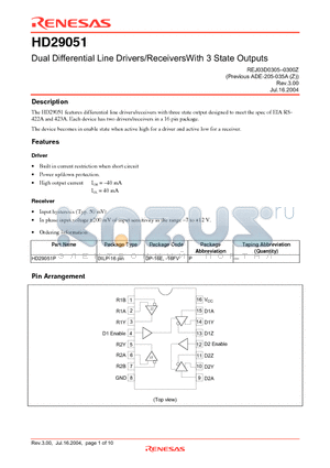 HD29051P datasheet - Dual Differential Line Drivers/ReceiversWith 3 State Outputs