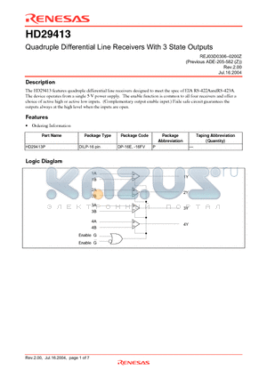 HD29413P datasheet - Quadruple Differential Line Receivers With 3 State Outputs