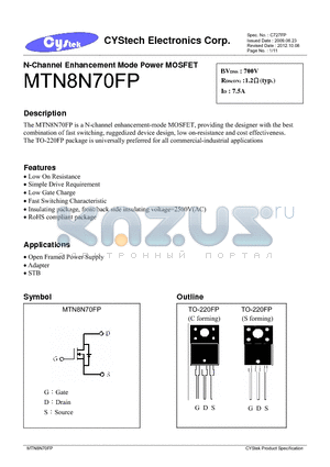 MTN8N70FP datasheet - N-Channel Enhancement Mode Power MOSFET