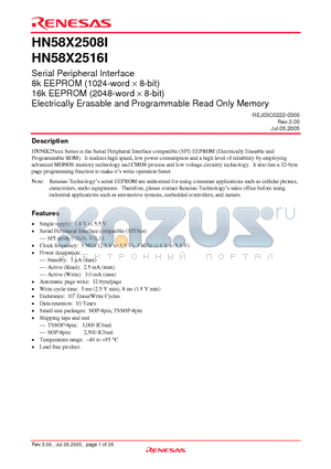 HN58X2508TIE datasheet - Serial Peripheral Interface Electrically Erasable and Programmable Read Only Memory