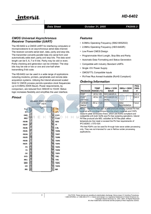 HD3-6402R-9 datasheet - CMOS Universal Asynchronous Receiver Transmitter (UART)
