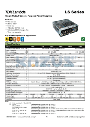 LS75-5 datasheet - Single Output General Purpose Power Supplies