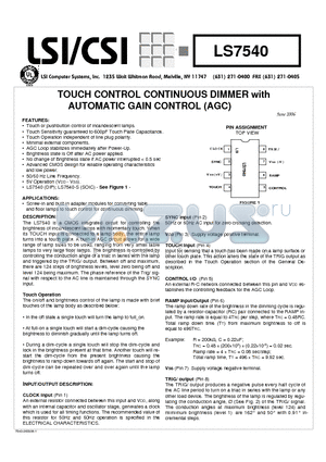 LS7540 datasheet - TOUCH CONTROL CONTINUOUS DIMMER with AUTOMATIC GAIN CONTROL (AGC)